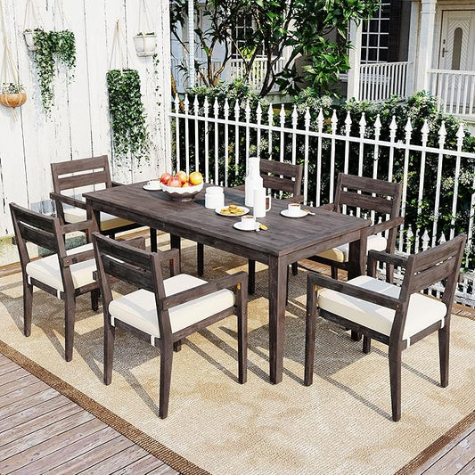 7 Piece Patio Dining Table Set with Removable Cushion, Outdoor Acacia Wood Furniture Set for Garden, Backyard, Lawn, Poolside (A-Gray)