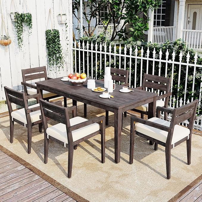 7 Pieces Outdoor Acacia Wood Dining Table Set for 6 with 70.9" Rectangular Table and 6 Chairs, Modern Patio Dinner Set with Cushion for Backyard, Garden, Poolside or Indoor, Antique Gray
