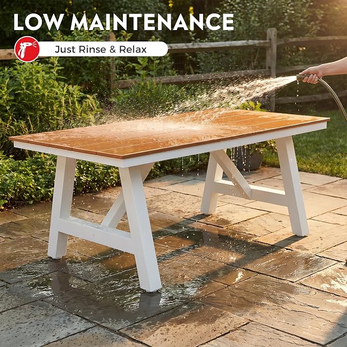 Costaelm Outdoor Dining Tables for Patio, 72" Rectangle 6-Person HDPE Dining Table with Umbrella Hole and Metal Frame for Outside, Garden, Poolside, Backyard, Porch, Balcony, Teak