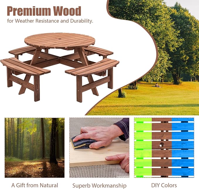 8 Person Outdoor Picnic Table with Wooden Bench, Round Picnic Table Dining Table w/ 4 Built-in Benches ,Umbrella Hole, Outside Table and Bench Set for Garden, Backyard, Porch, Patio, 2220lb Capacity