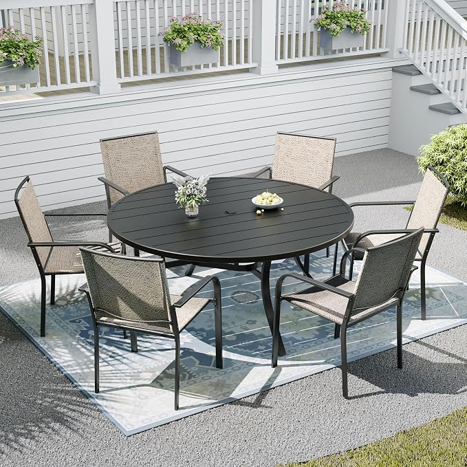 Patio Table and Chairs Set for 6 Person,54" Round Steel Slat Outdoor Table with 6PCS Breathable Textilene Stackable Chairs for Deck/Backyard/Poolside/Garden