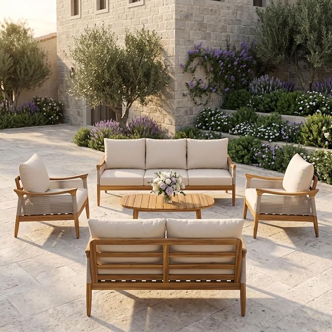 Merax 5-Piece Acacia Wood Patio Set with Rope Seats & Cushions | Teak-Finish Acacia Frame, Beige Woven Rope, Deep Seating Cushions And Coffee Table For Porch, Garden Or Backyard