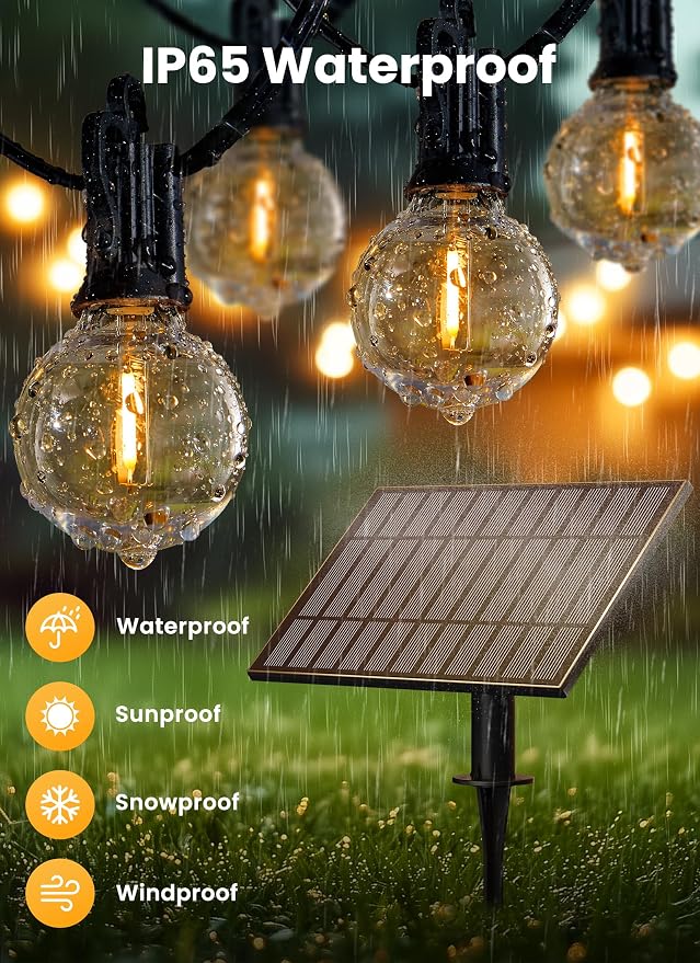 Brightown 58FT 26LED Solar String Lights Outdoor with USB Port | Shatterproof Bulbs, Dimmable & Timable, 3 Modes, Solar Patio Lights with a Mount Clip for Camping Backyard Garden Decor