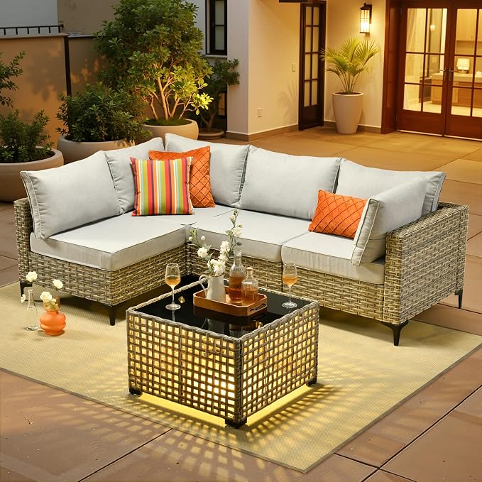 5 Pieces Patio Sectional Furniture Set, Outdoor Wicker Sectional Couch with Solar Lights Table, Modern Conversation Set for Porch Balcony Backyard, Gray