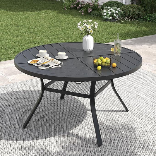 VICLLAX 47.2" Round Patio Table with Umbrella Hole, All Weather Metal Outdoor Dining Table for 6, Outside Table with Storage Shelf for Lawn Garden, Black