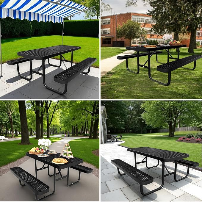 Picnic Tables for Outdoors,Commercial Metal Picnic Table Bench Set with Umbrella Hole,School Canteen Tables W/Seats - Heavy Duty Sturdy Picnic Tables Furniture for Patio Garden (Black, 4FT)