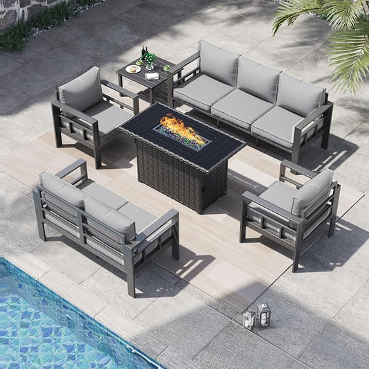 7 Piece Aluminum Patio Furniture Set with 44" Fire Pit Table & Thick Cushions, Aluminum Outdoor Sectional Conversation Set with Coffee Table for Porch, Backyard(Grey/Light Grey)