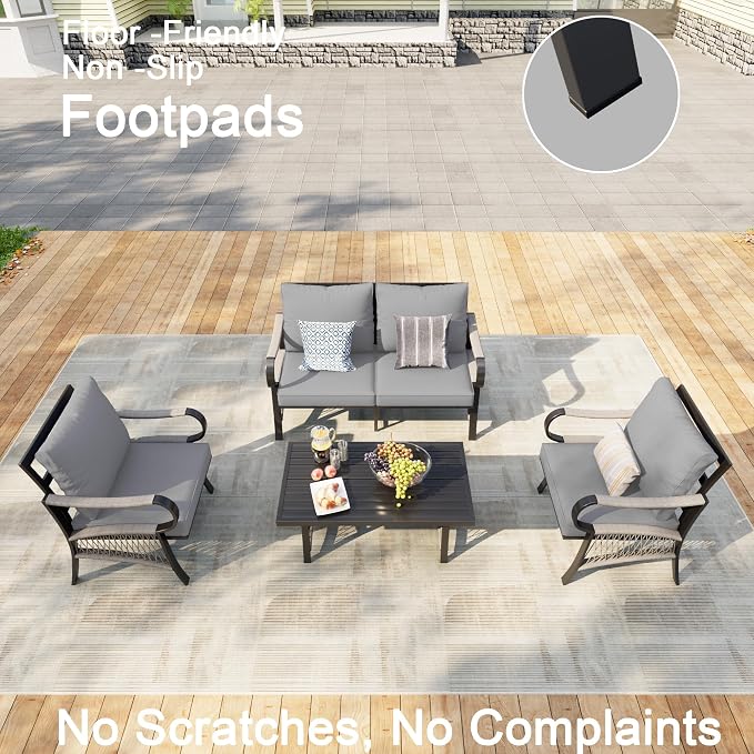 4 Pieces Patio Furniture Set, Metal Outdoor Conversation Sets with Coffee Table, Modern Couch Sofa Set Includes Single Chairs and Loveseat Seating Group (Thick Gray Cushions)