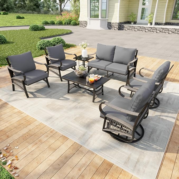 7 Pieces Patio Furniture Set, Metal Outdoor Conversation Sets with Swivel Chairs, Modern Couch Sofa Seating Group with Coffee Table and Side Table (Thick Gray Cushions)