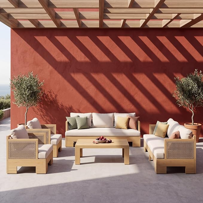 Christopher Knight Home Mason 5 Piece Patio Furniture Set with 3-Seater Sofas, Club Chairs and Coffee Table, Outdoor Acacia Wood Conversation Set, Patio Sofa Set for 8, Light Teak+Light Brown+Beige
