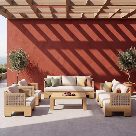 Christopher Knight Home Mason 5 Piece Patio Furniture Set with 3-Seater Sofas, Club Chairs and Coffee Table, Outdoor Acacia Wood Conversation Set, Patio Sofa Set for 8, Light Teak+Light Brown+Beige