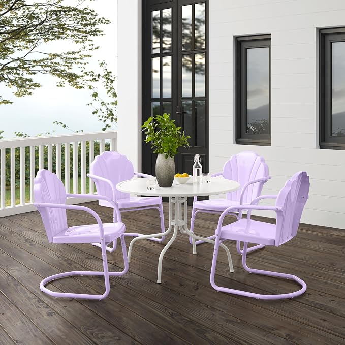 Crosley Furniture Tulip 5-Piece Outdoor Dining Set for 4, Vintage Retro Metal Round Patio Table and Chairs, Lavender Gloss/White Satin