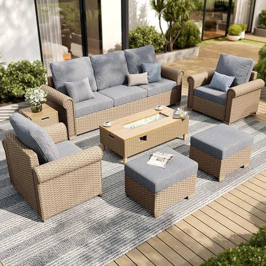 SUNSHINE VALLEY Patio Furniture Set, Wicker Outdoor Furniture Set with 5.5" Thick Cushions, 2 Chairs, 2 Ottomans and Fire Pit Table, 6 Pieces Patio Conversation Set for Backyard Deck, Grey