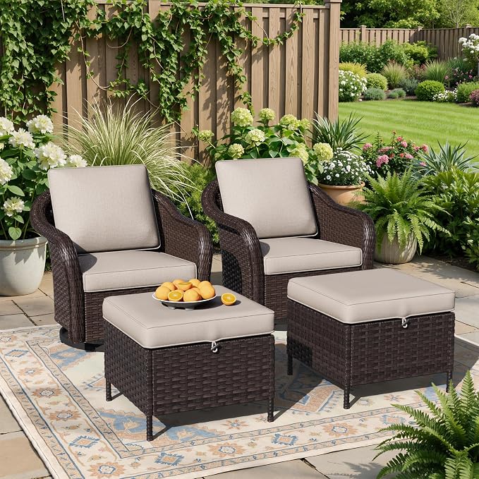 4 Piece Patio Wicker Conversation Set, 2 All-Weather Use Outdoor Wicker Swivel Chairs with 2 PE Rattan Ottomans,Ideal for Porch, Backyard, Balcony, Poolside, Beige