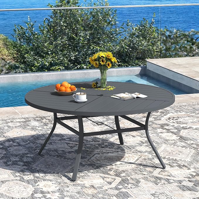 DIFY 9 Pieces Outdoor Dining Set, Metal Patio Table and Chairs Set for 8, 53.1" Round Dining Table with Umbrella Hole & Wicker Stackable Patio Chairs with Cushions, Grey Tabletop