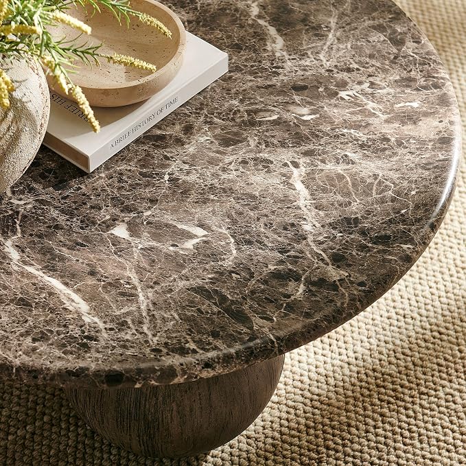 Modway Pietra Modern Sculptural Indoor/Outdoor Round Coffee Table in Dark Emperador Marble – Faux Marble Top with Three Ball Pedestal Legs – Contemporary Round Accent Table