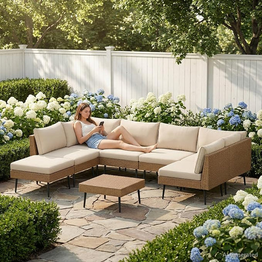 Vikiullf 8 Pieces Patio Conversation Set, Wicker Patio Furniture Set, Outdoor Sectional Sofa with Coffee Table, for Backyard Poolside Deck Patio, 4" Cushions & Modern Design