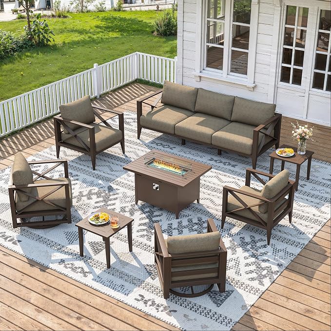 Aluminum Patio Furniture Set with Oversized Fire Pit Table, 9-Piece All-Weather Outdoor Conversation Set with Swivel Rocking Chairs, Oversized Modern Sofa for Backyard, Deck, Balcony-Brown