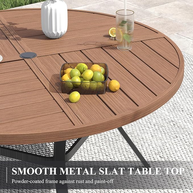 VICLLAX 40.6" Round Patio Table with Umbrella Hole, All Weather Metal Outdoor Dining Table for 4, Outside Table with Storage Shelf for Lawn Garden, Walnut Wood-Grain Finish