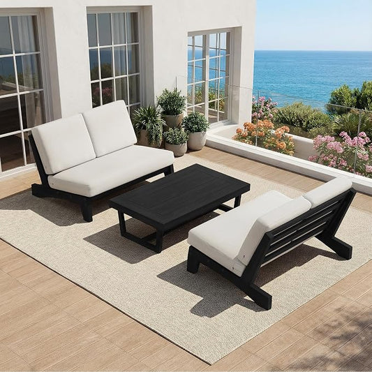 All Weather Patio Furniture Sets, 3 Pieces Black Wood Patio Loveseat Sofa Outdoor Sectional Futniture Backyard Conversation Set with Solid Wooden Coffee Table - Beige
