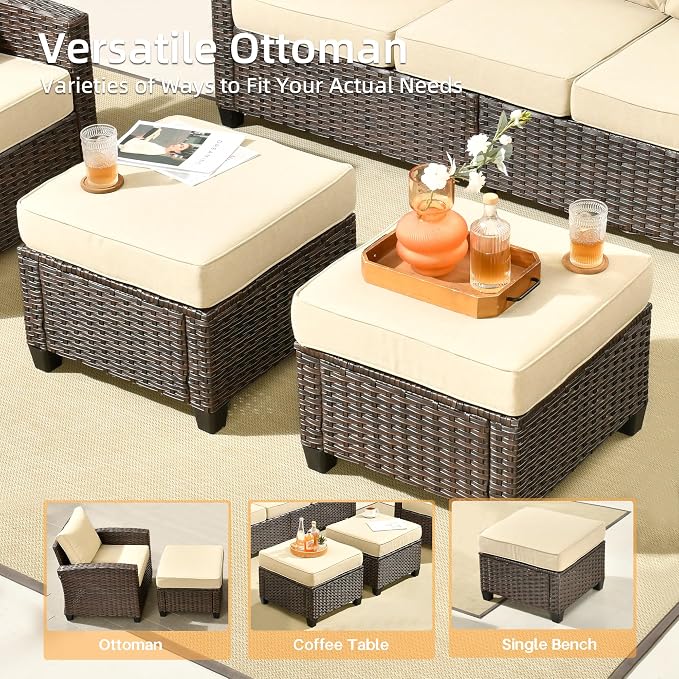 CAODOC Patio Furniture Sets, Outdoor Wicker Furniture with Ottomans, 5 Pieces Outdoor Sofa Couch Conversation Set with Cushioned Rattan Chairs for Garden Poolside Backyard, Beige