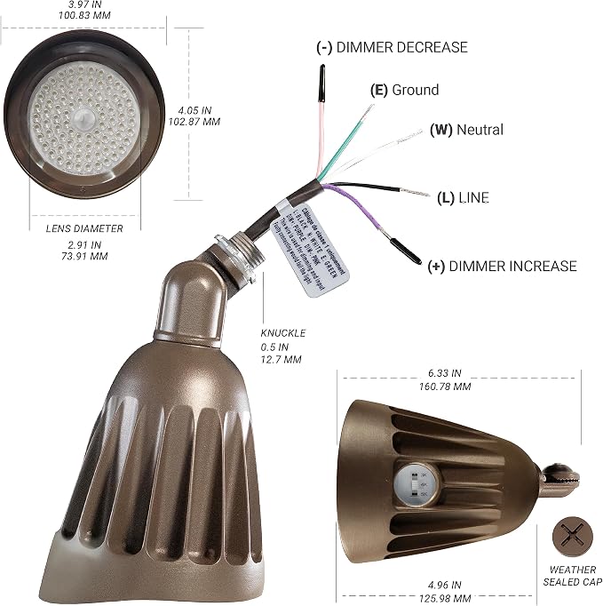 25W Bronze Bullet Spot Light Outdoor LED Landscape Floodlights, 3500 Lumens Bright Outdoor Light for Yard, 3000K/4000K/5000K Selectable, 1/2" Knuckle Mount, 120-277V Waterproof Flag Pole Lights