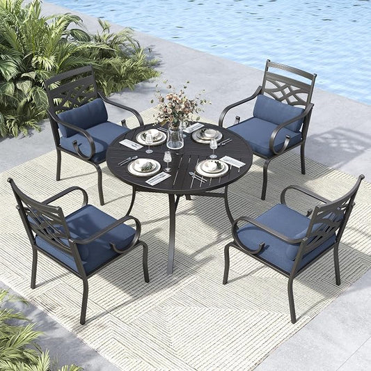 MFSTUDIO 5-Piece Patio Dining Set, 42" Round Metal Table, Fixed Chairs | Umbrella Hole, Blue
