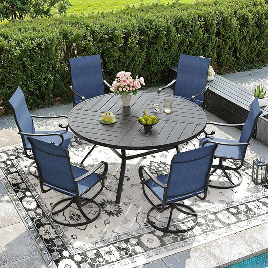 DIFY 7 Piece Outdoor Dining Set for 6, 50" Black Round Metal Dining Table with Umbrella Hole and Swivel Patio Chairs with Blue Textilene Fabric, Patio Table and Chairs Set for Garden Backyard Deck