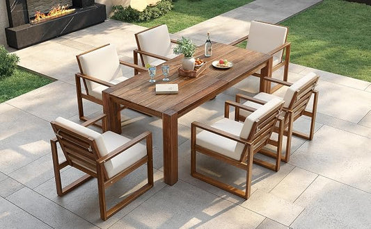 Outdoor Patio Dining Table and Chairs Set for 6, 7 PCS Patio Furniture Set | Outdoor Dining Set for 6 with Umbrella Hole, Wood Frame with Removable Cushion for Garden, Backyard, Lawn and Poolside