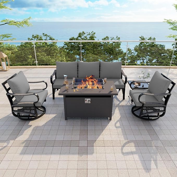 5-Piece Outdoor Furniture Set, Metal Swivel Rocking Chairs with All-Weather Cushions, Rope Patio Conversation Set with Fire Pit Table for Deck, Porch, Garden, Backyard, Poolside (Gray Cushions)
