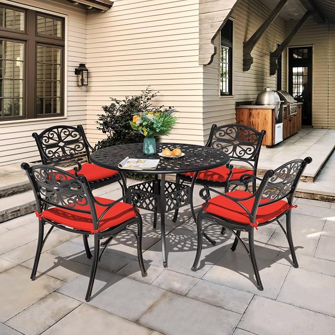 NUU GARDEN 5 Piece Outdoor Patio Dining Set, 42" Cast Aluminum, Round Patio Dining Table with 2.24" Umbrella Hole and Patio Dining Chairs with Cushions for Garden, Balcony, Bronze and Red
