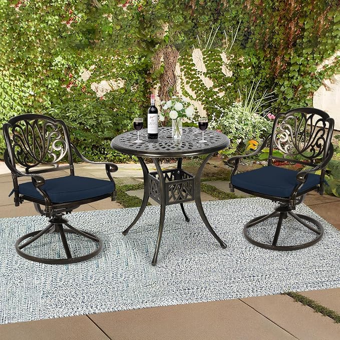 3-Piece Outdoor Patio Dining Set, All-Weather Cast Aluminum Patio Furniture Set for Backyard Garden Deck with 2 Swivel Cushioned Chairs and 31” Round Table, 2" Umbrella Hole, Navy Blue