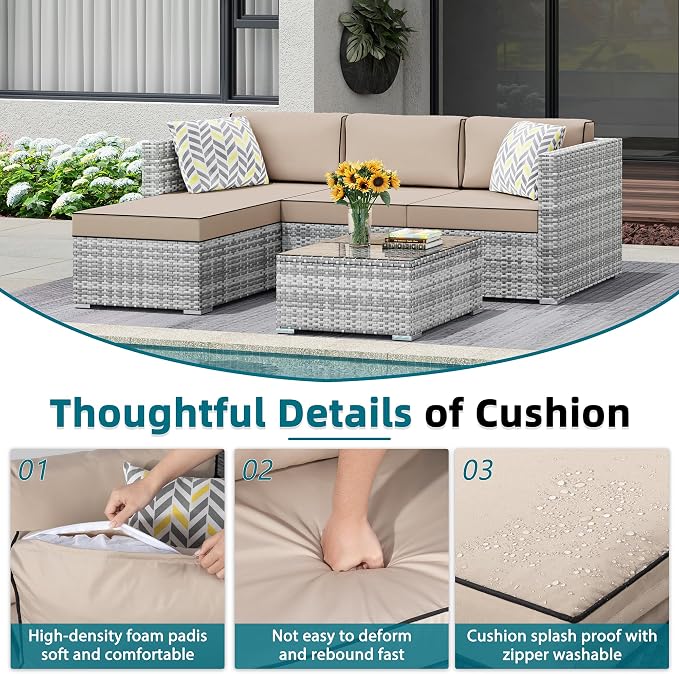 SUNLEI Outdoor Furniture Patio Sets,Low Back All-Weather Small Rattan Sectional Sofa with Tea Table&Washable Couch Cushions & Wicker Upgraded (Silver Rattan)(Khaki)