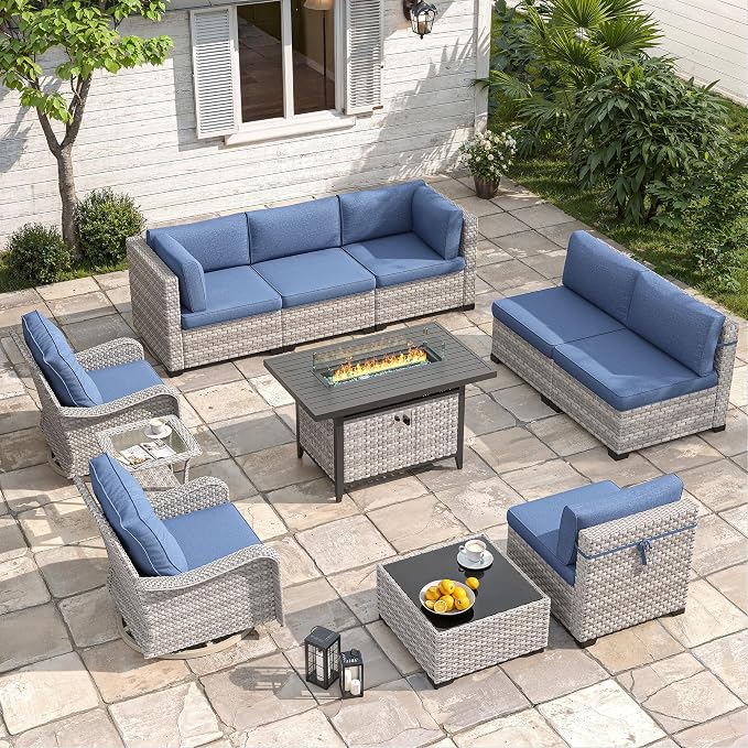 8-Seat Outdoor Wicker Patio Furniture Set with Fire Pit Table, Modular Rattan Sectional Sofa & 2 Swivel Rocking Chairs, 4" Thick Cushions, Rust-Resistant Frame,Navy