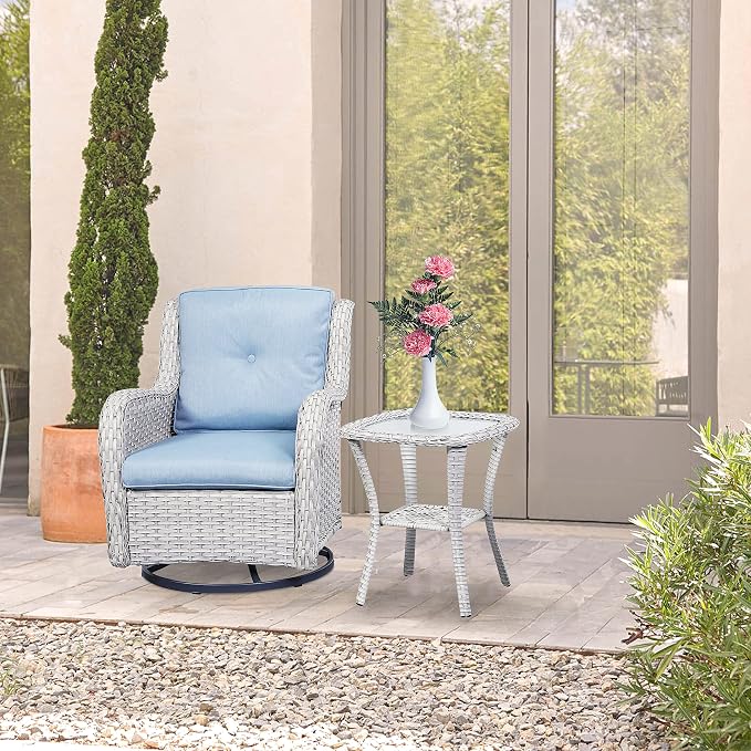 Belord Small Outdoor Side Table Tempered Glass Wicker Table - Waterproof Patio Coffee Table Rattan End Table with Storage, Light Gray 20x20x22 inch