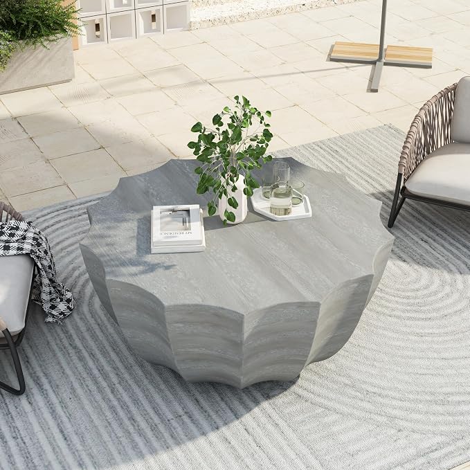35.43" Faux Stone Coffee Table Round for Indoor or Outdoor Concrete Coffee Tables MgO Cement Center Tables for Living Room, Patio, Garden, Backyard, Balcony, Waterproof, Grey Bowl