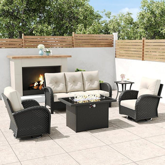 5 Pieces Outdoor Wicker Patio Swivel Rocking Chairs, All Weather Wicker Conversation Set with 44" Fire Pit Table