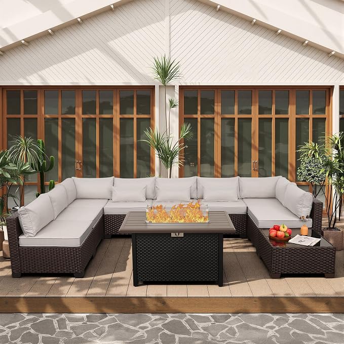 Lviden 10 Pieces Wicker Patio Furniture Set Outdoor PE Rattan Sectional Conversation Sofa Set with Non-Slip Cushions and 45" Fire Pit Table, Beige