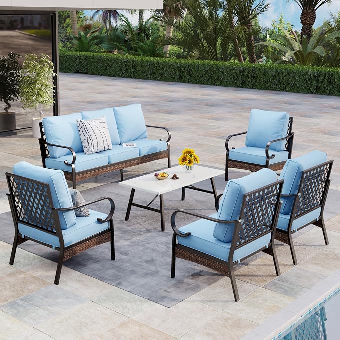 MIXPATIO Patio Furniture Set with Coffee Table, Outdoor Conversation Set with 4 x Fixed Chairs, 1 x 3-Seat Sofa for Lawn Garden Backyard, Blue