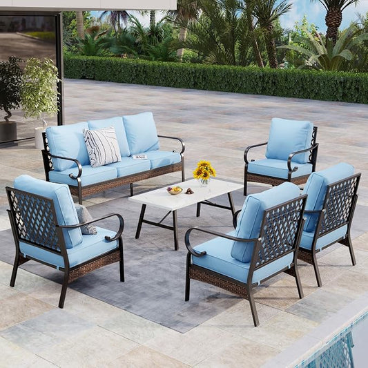 MIXPATIO Patio Furniture Set with Coffee Table, Outdoor Conversation Set with 4 x Fixed Chairs, 1 x 3-Seat Sofa for Lawn Garden Backyard, Blue