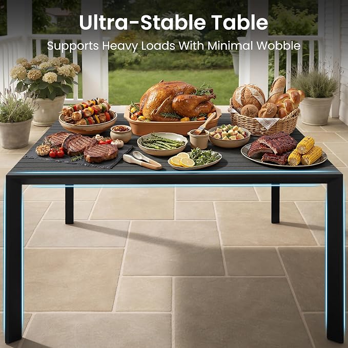 9-Piece Square Outdoor Dining Set, 56" Patio Table and Stackable Chairs | Aluminum Frame Adjustable Umbrella Hole All-Weather Wood Grain Tabletop for Garden, Deck, Backyard (Black)