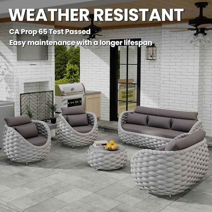 Lanai Outdoor Furniture Set: 6-Piece Aluminum Woven Rope Patio Conversation Sofa Set w/Table - Modern Cushions Couch Set - No Assembly Metal Porch Seating for Deck Yard Garden Pool Hotel Resort