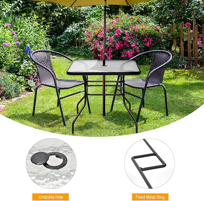 KOTEK 32'' Patio Table with Umbrella Hole, Outdoor Bistro Table w/Tempered Glass Top & Sturdy Metal Frame, Square Patio Dining Table Coffee Table for Garden, Balcony, Poolside