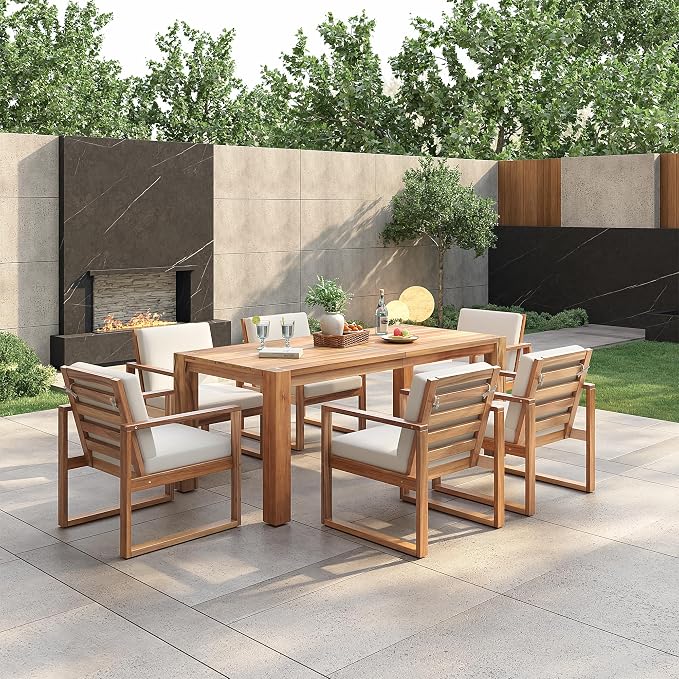 Patio Table and Chairs Set,Outdoor Dining Set for 6 with Umbrella Hole,7 Piece Outdoor Patio Furniture Set Wood Frame with Removable Cushion for Garden,Backyard,Lawn,Poolside (Beige+Light Teak#019)