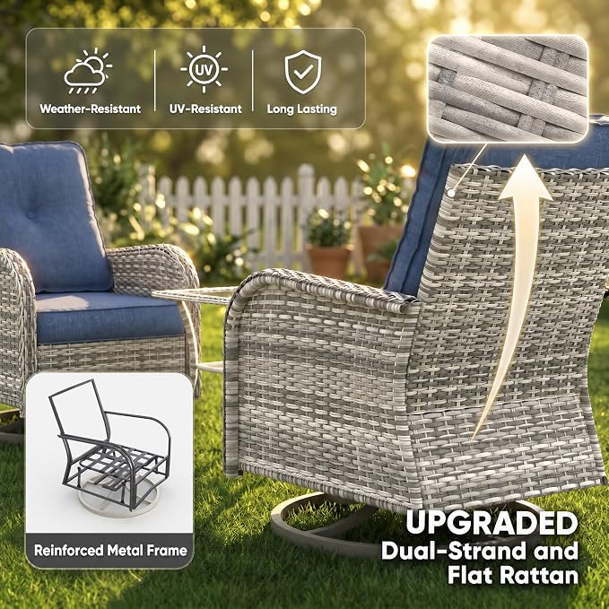 11-Piece Small Patio Furniture Set, Outdoor Swivel Rocking Chairs Set with Ottomans, Patio Bistro Set for Balcony, Deck, Porch, Navy Blue