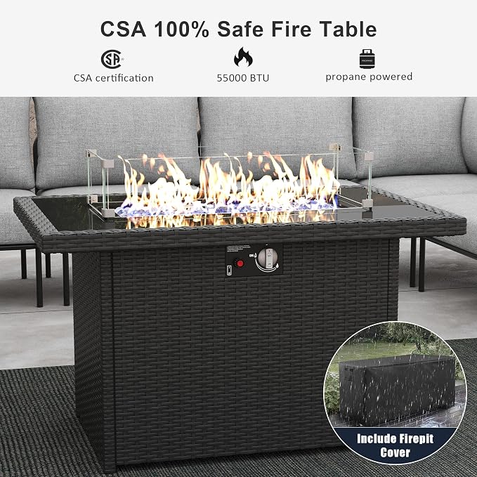 LayinSun 11 Pieces Aluminum Patio Furniture Set, Modern Modular Sectional Sofa with Fire Pit Table and Upgrade Thickness Cushion