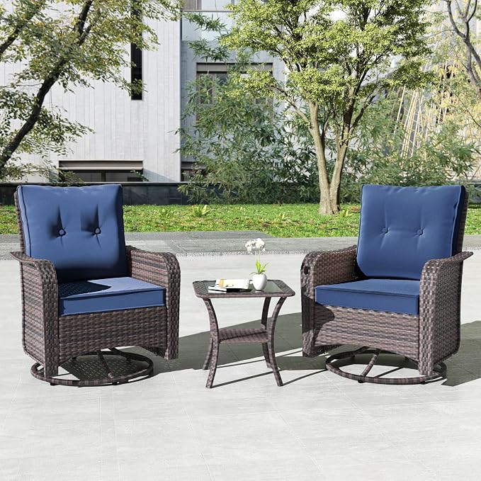 Kullavik Outdoor Swivel Chairs Set of 2,Patio Wicker Rocker Chairs with 4" Thick Cushions and Side Table,Patio Conversation Furniture Set for Patio Porch Deck Backyard,NavyBlue