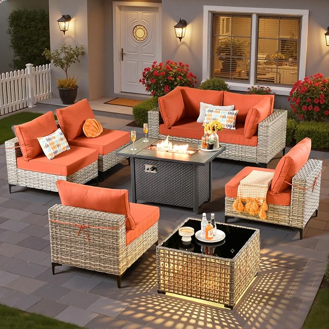 8 Pieces Patio Sectional Furniture Set, Outdoor Wicker Sectional Couch with Firepit Solar Lights Table, Modern Conversation Set for Porch Balcony Backyard, Red