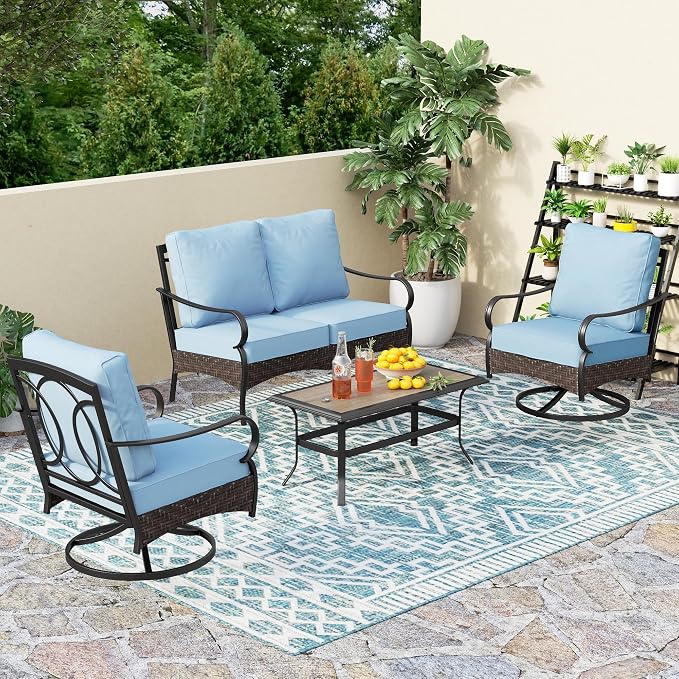 PHI VILLA Outdoor Porch Furniture Set, Upgraded Wicker & Metal Deep Seating Patio Furniture Conversation Set with Waterproof Thick Cushions for Balcony, Yard (4 Pieces,Blue)
