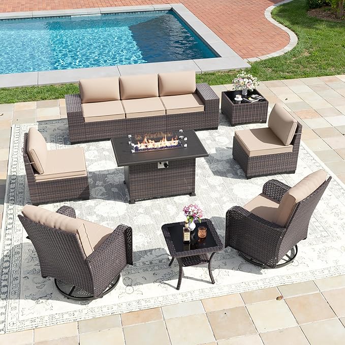 10 PCS Outdoor Patio Furniture Set,Outdoor Sectional Furniture with 43" 55000 BTU Gas Propane Fire Pit Table,All Weather PE Rattan Wicker Patio Conversation Set,Swivel Rocking Chairs Set,Sand